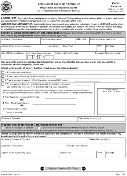 Blank I-9 Employment Eligibility Verification form.