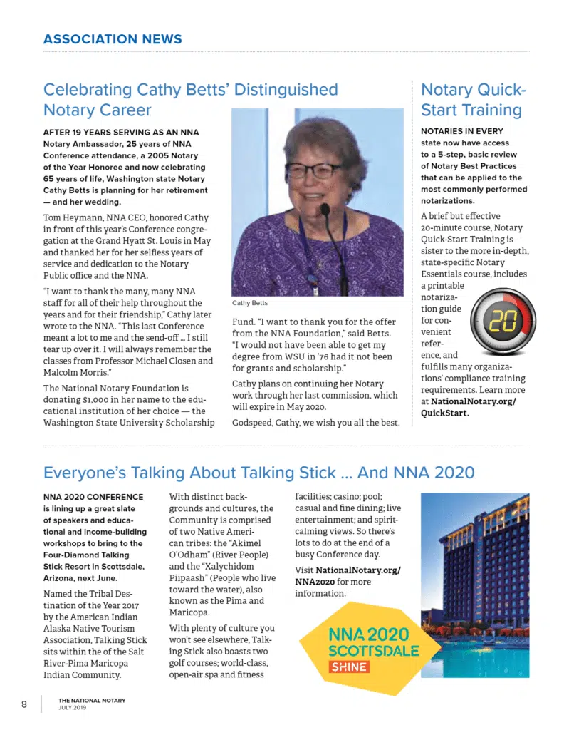 Celebrating Notary Cathy Betts' Career and NNA Conference News.