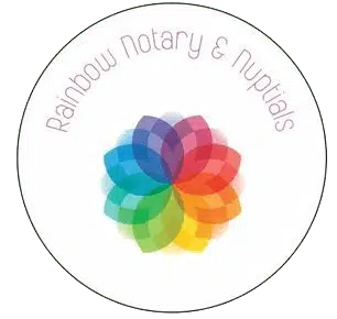 Logo of Rainbow Notary and Nuptials with colorful flower design.