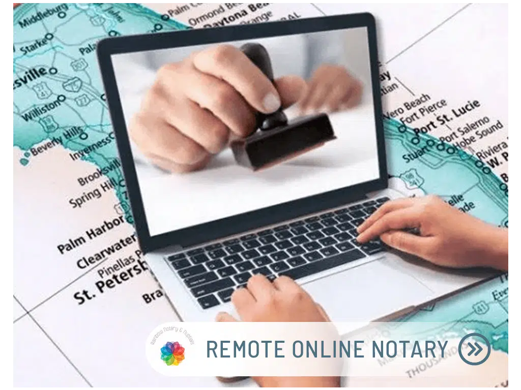 Notary stamping document on screen, concept of remote notarization.
