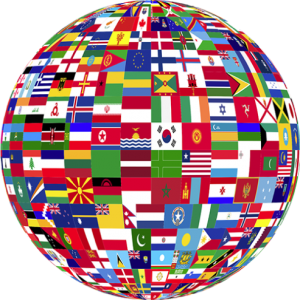 Globe adorned with various international flags.