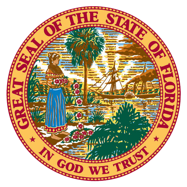 Florida State Seal with woman, palm, and ship.