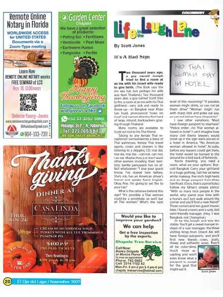 Page with various ads and a Thanksgiving dinner promotion.