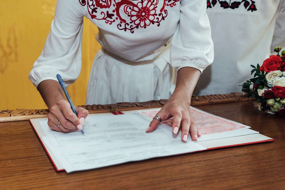 Bride and groom signing wedding documents