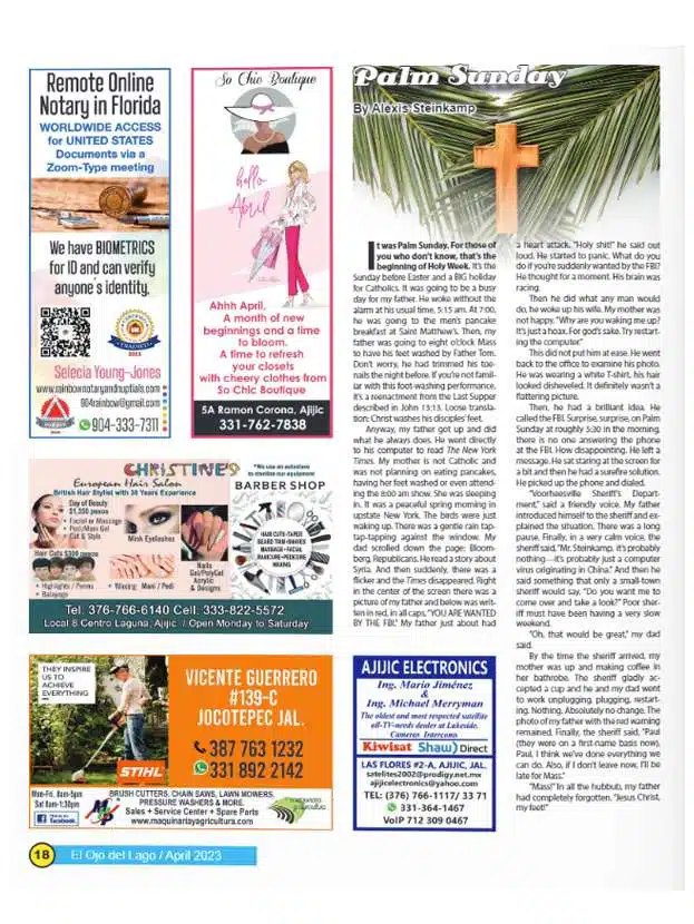 Ad for various local businesses and Palm Sunday article.