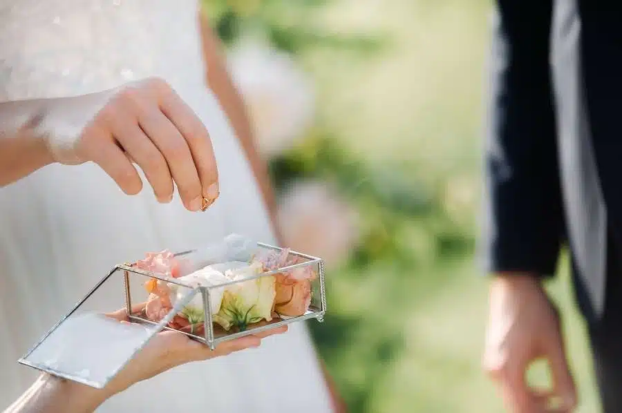 Marriage license documents on a wooden table